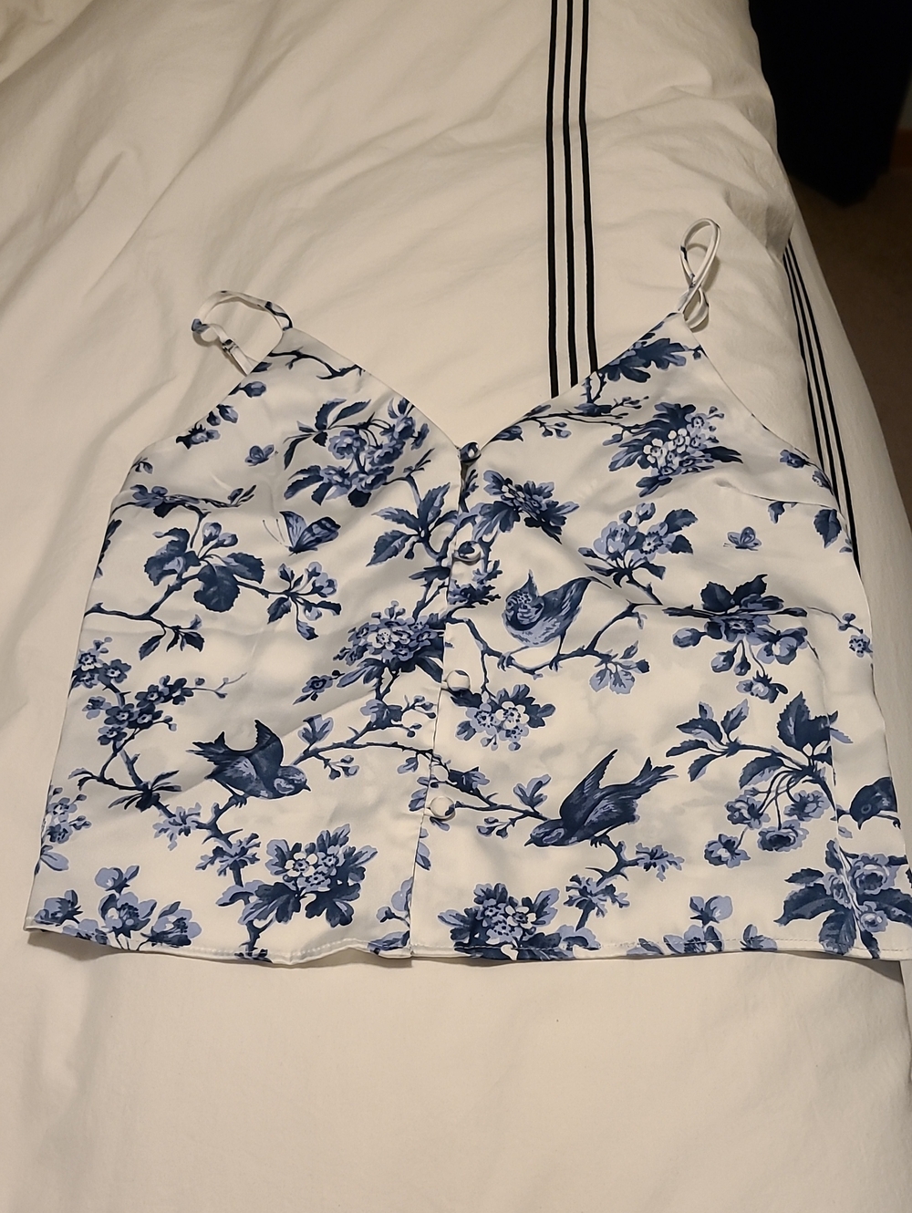Abercrombie & Fitch White Satin Cami with Blue Floral & Bird Print